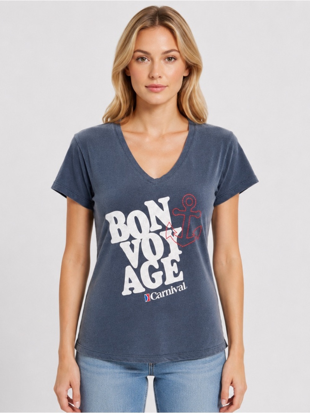 Carnival Cruise Bon Voyage Embroidered V-Neck T-Shirt Navy Vintage Size Medium